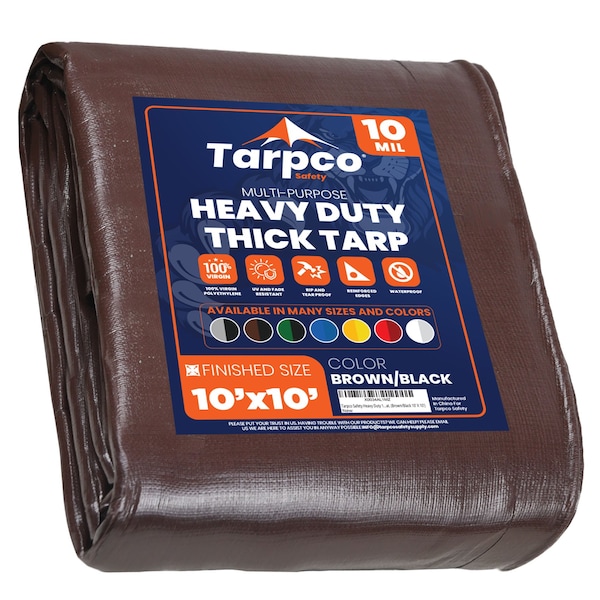 Tarpco Safety Heavy Duty Tarp, 10 ft L x 0.5 mm H x 10 ft W, 10 Mil, Brown/Black, Polyethylene TS-152-10X10 - main